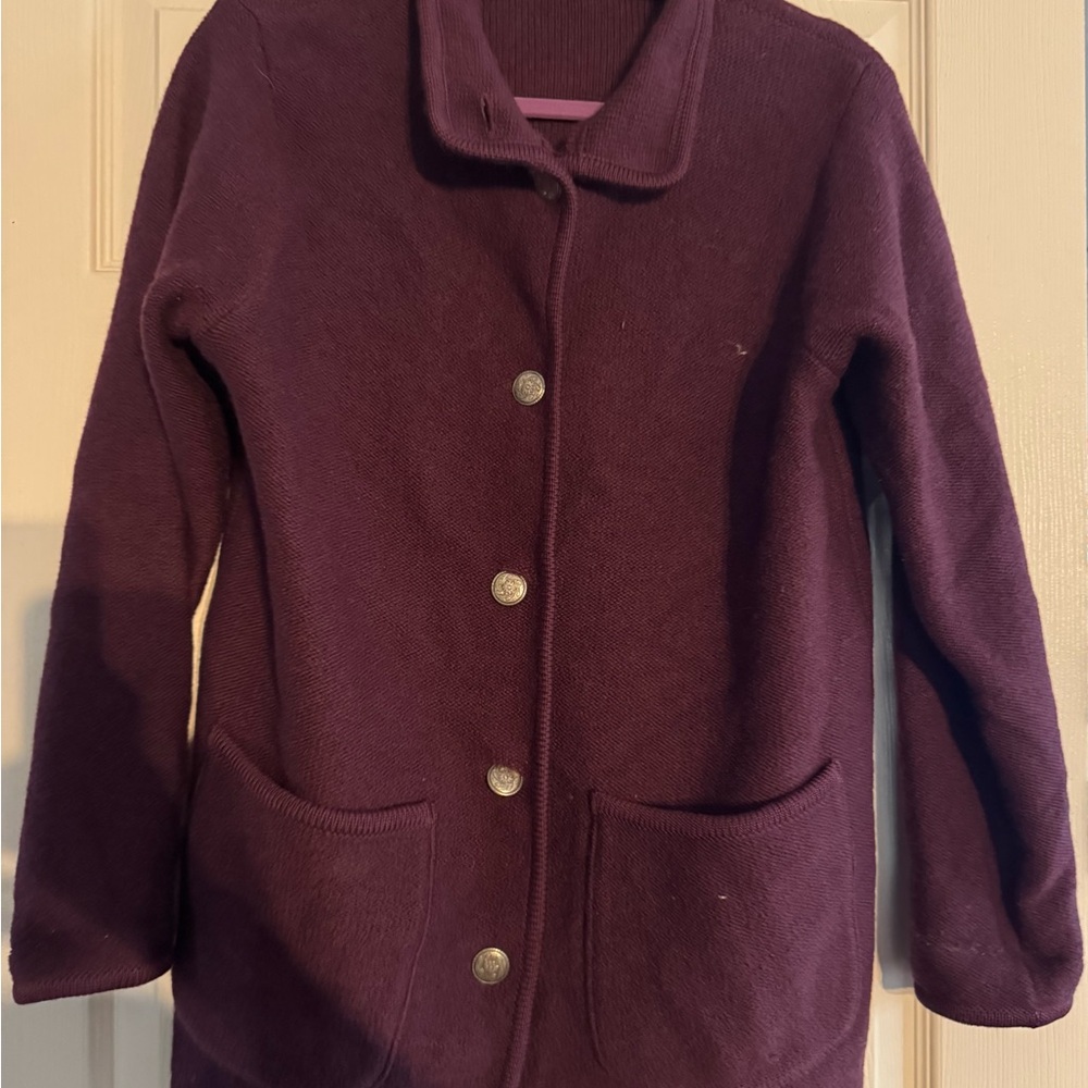 Vintage LL. Bean Deep Purple Cable Knit Wool Metal Buttons Deep Pockets Cardigan